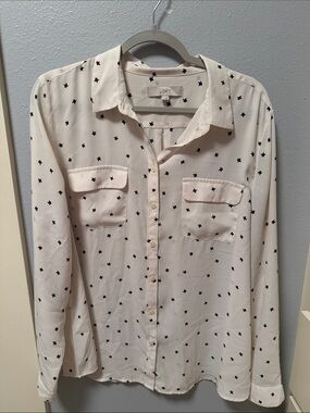 LOFT Cream Button-Down Shirt with Black Star Print